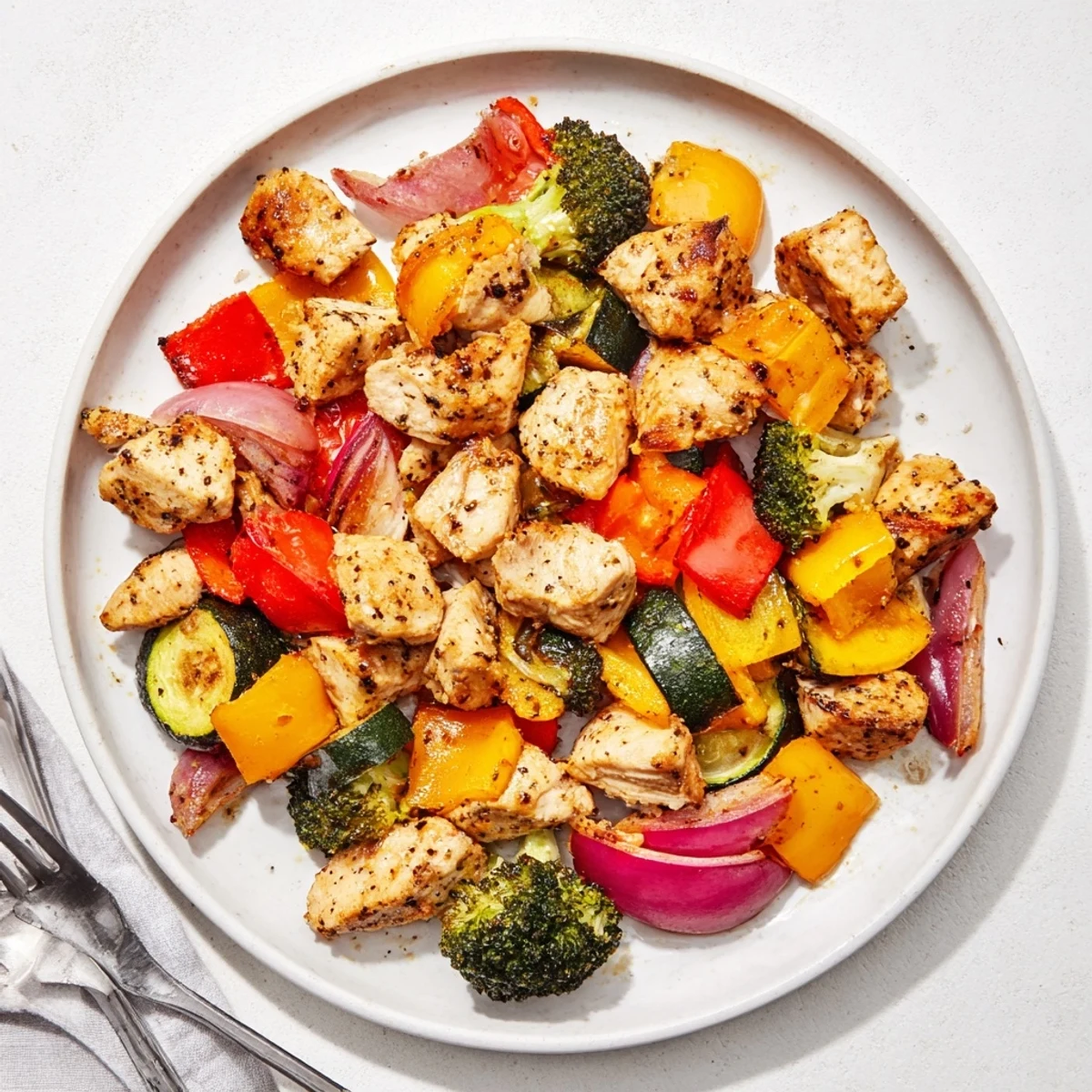 Golden Garlic Parmesan Chicken Bites, roasted alongside colorful vegetables for a simple sheet pan dinner.