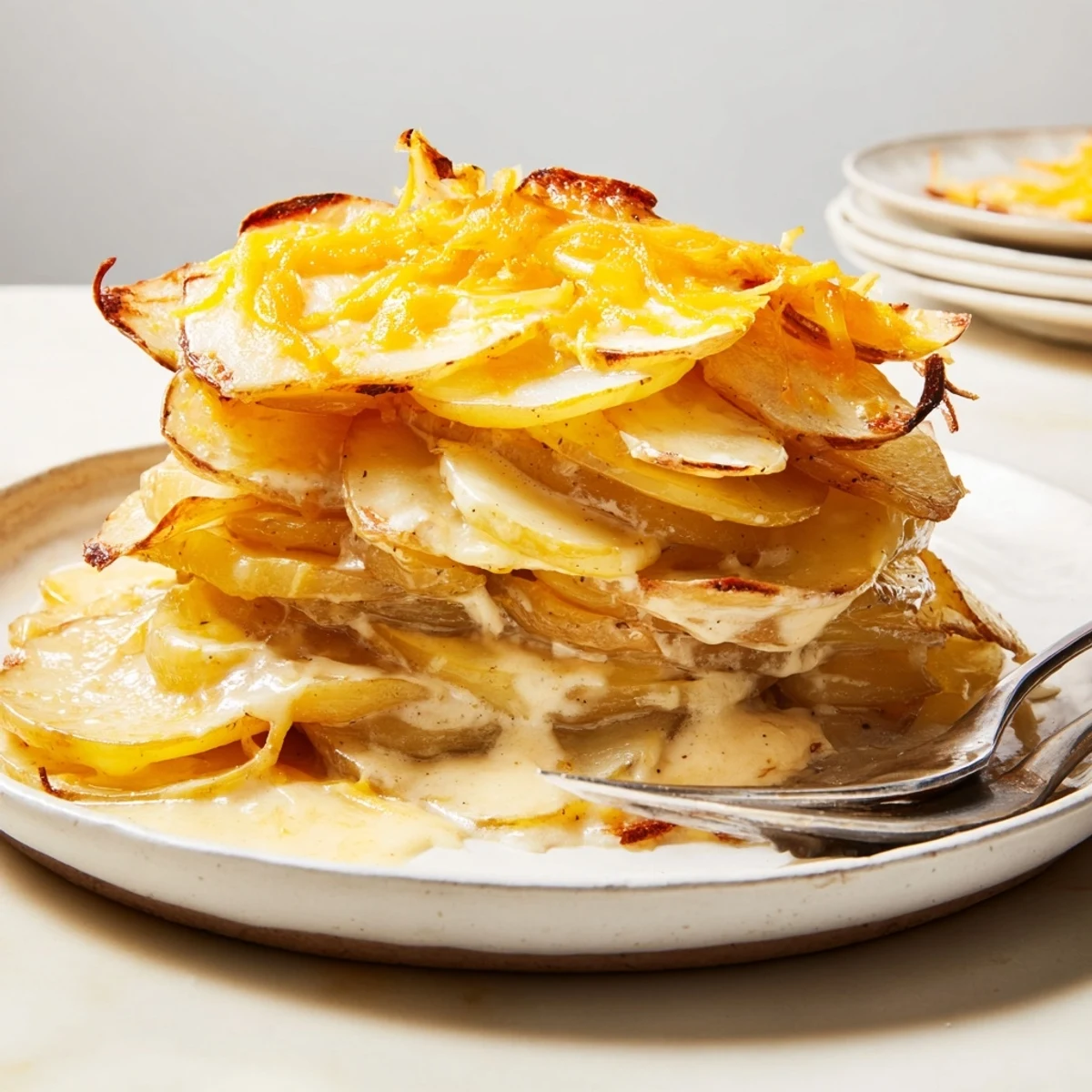 Golden-brown Cheesy Scalloped Potatoes bubbling from the oven, a delicious Southern side dish.