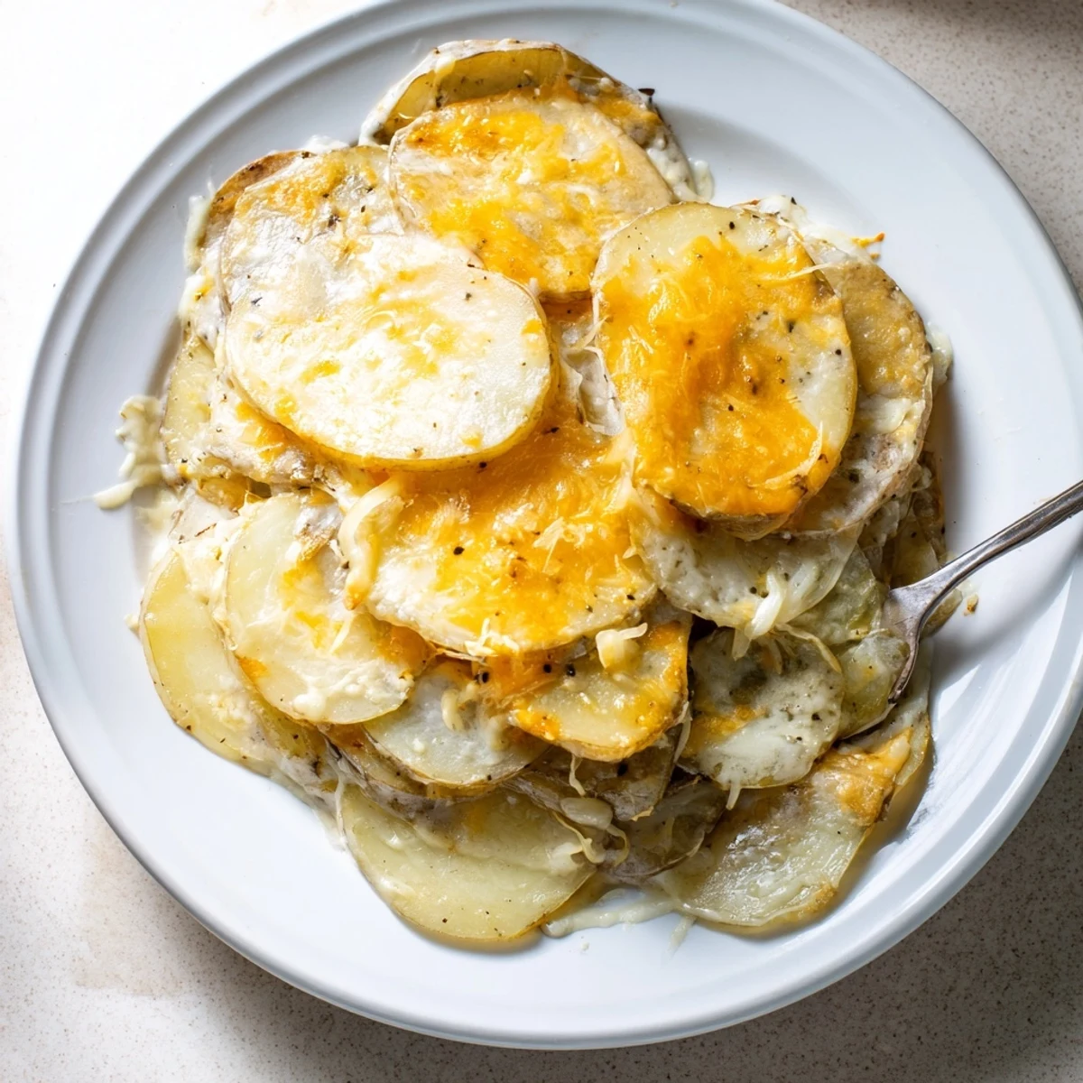 Creamy layers of cheesy sauce coating tender potatoes in these comforting Cheesy Scalloped Potatoes.