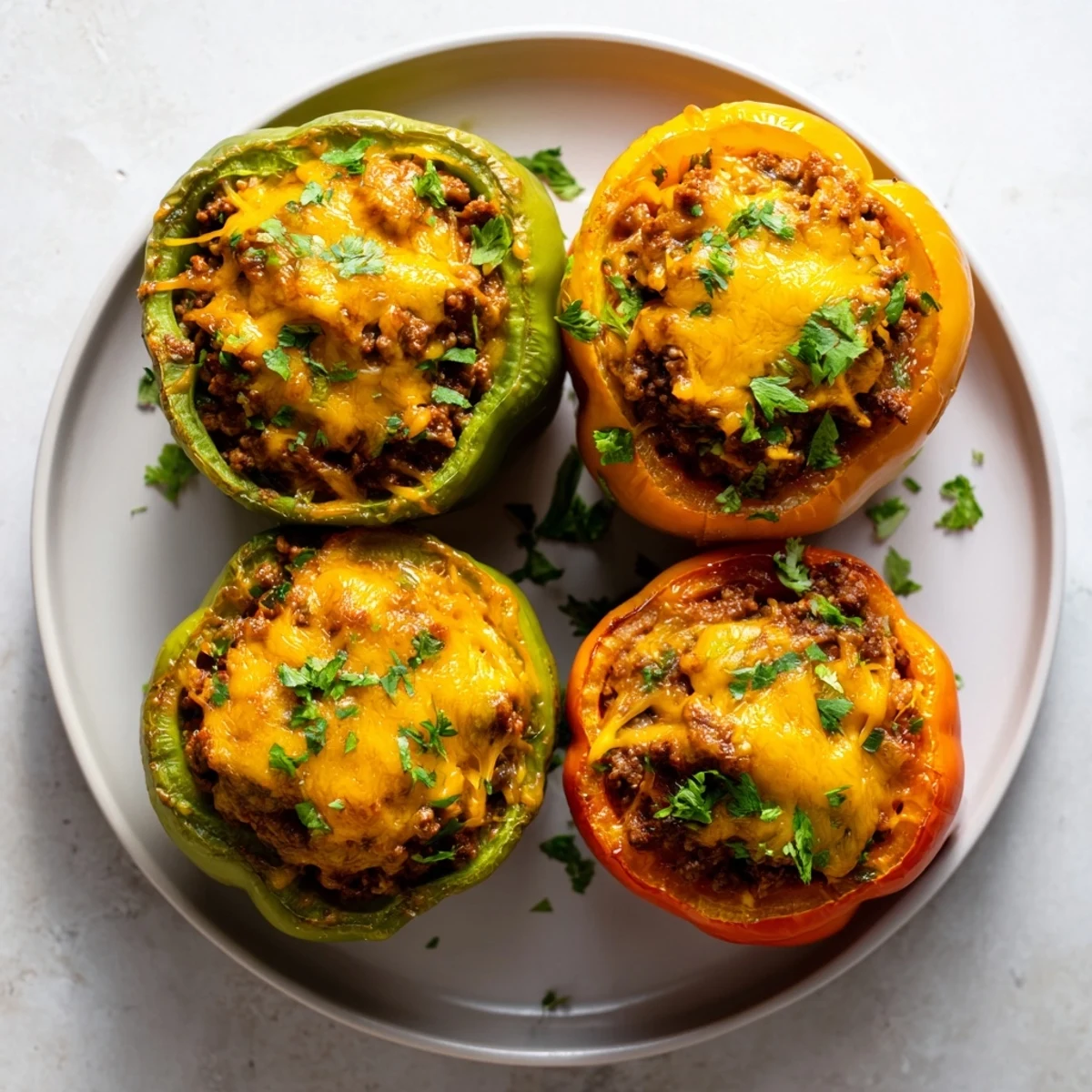 Sloppy Joe stuffed bell peppers overflowing and bubbling with cheese, ready to eat.