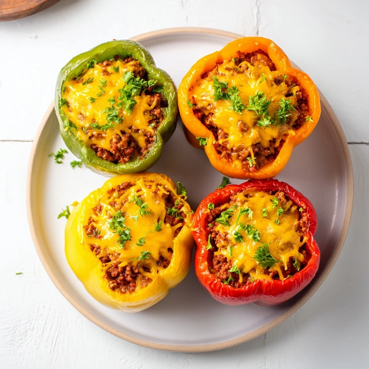 Savory Sloppy Joe stuffed bell peppers with melted cheddar; a hearty, comforting dinner.