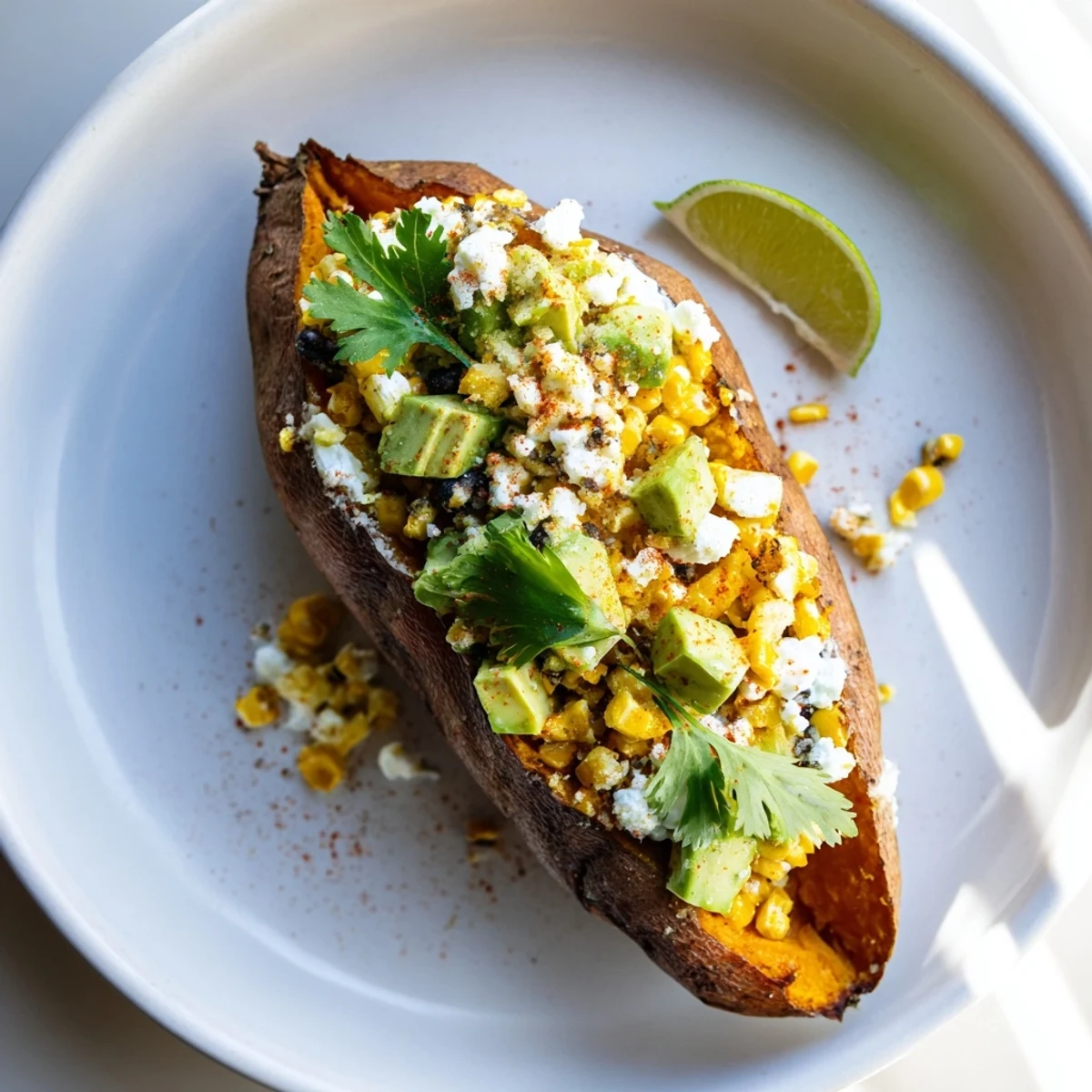 Steaming hot Loaded Baked Sweet Potatoes with melted cheese, fresh cilantro, and a squeeze of lime.