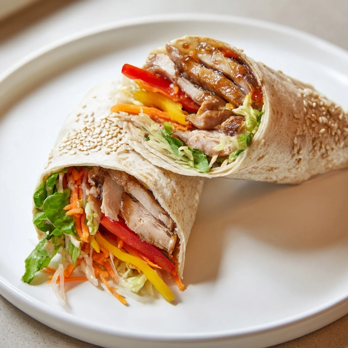 Tender teriyaki chicken wraps presented, showcasing juicy chicken and colorful vegetables ready to eat.