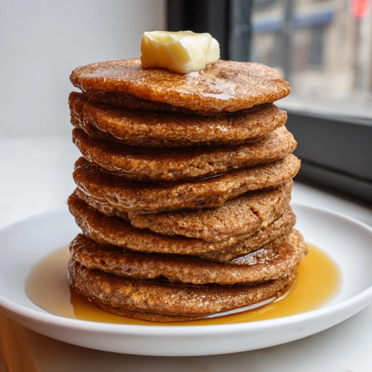 Fluffy, golden Gingerbread Pancakes stacked high, drizzled with maple syrup for a delicious breakfast.