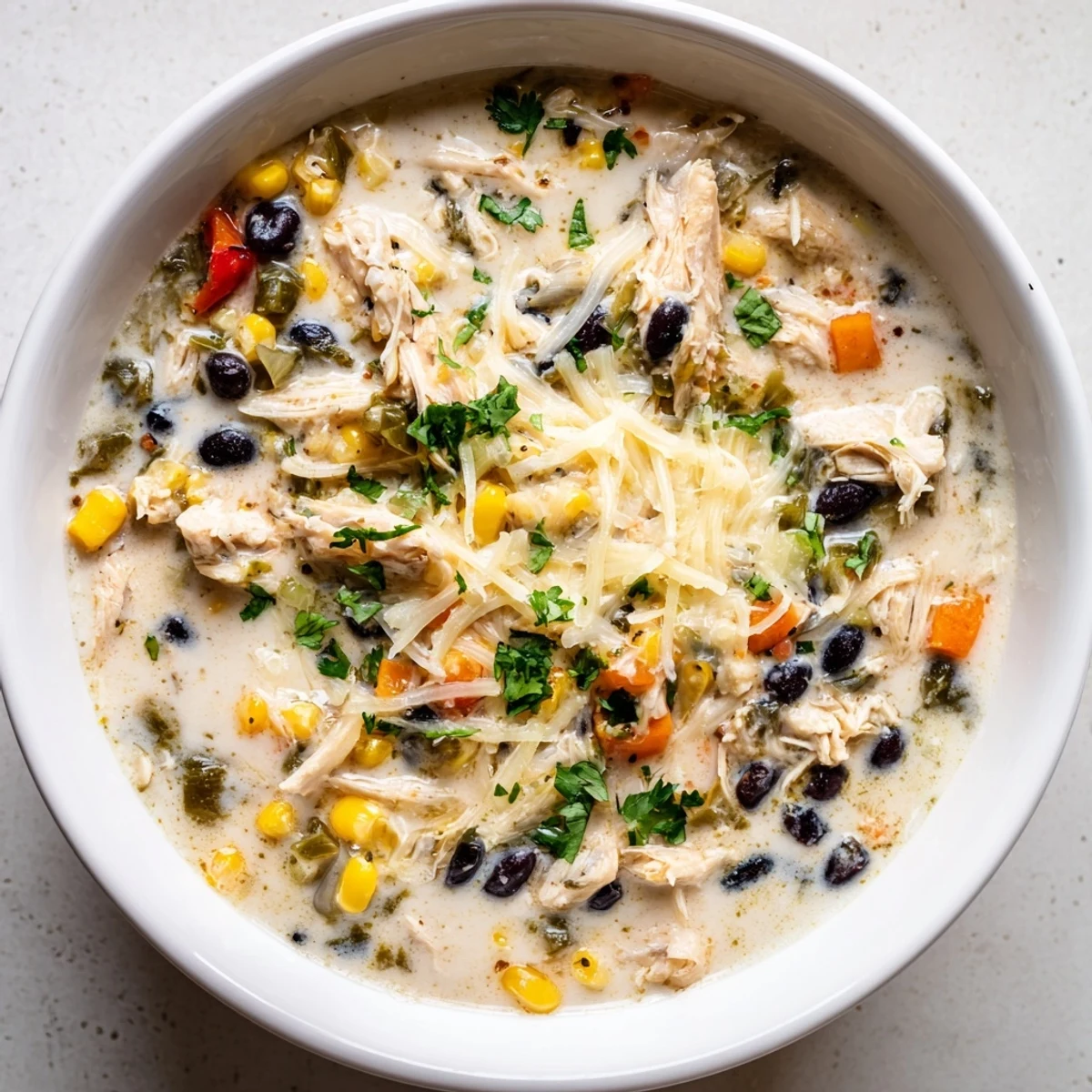 A steaming bowl of Chicken Poblano Soup, garnished with cilantro, ready for a comforting meal.