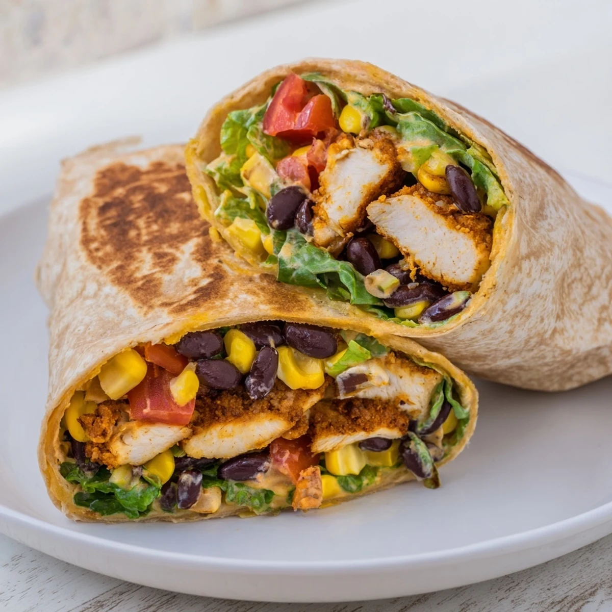 A beautifully arranged Southwest Chicken Wrap filled with colorful veggies and melted cheese.