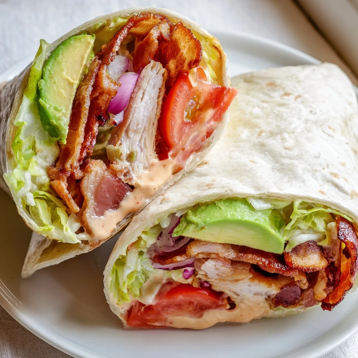 Perfectly assembled Zesty BLT Wraps: a flavorful combination of bacon and fresh ingredients.