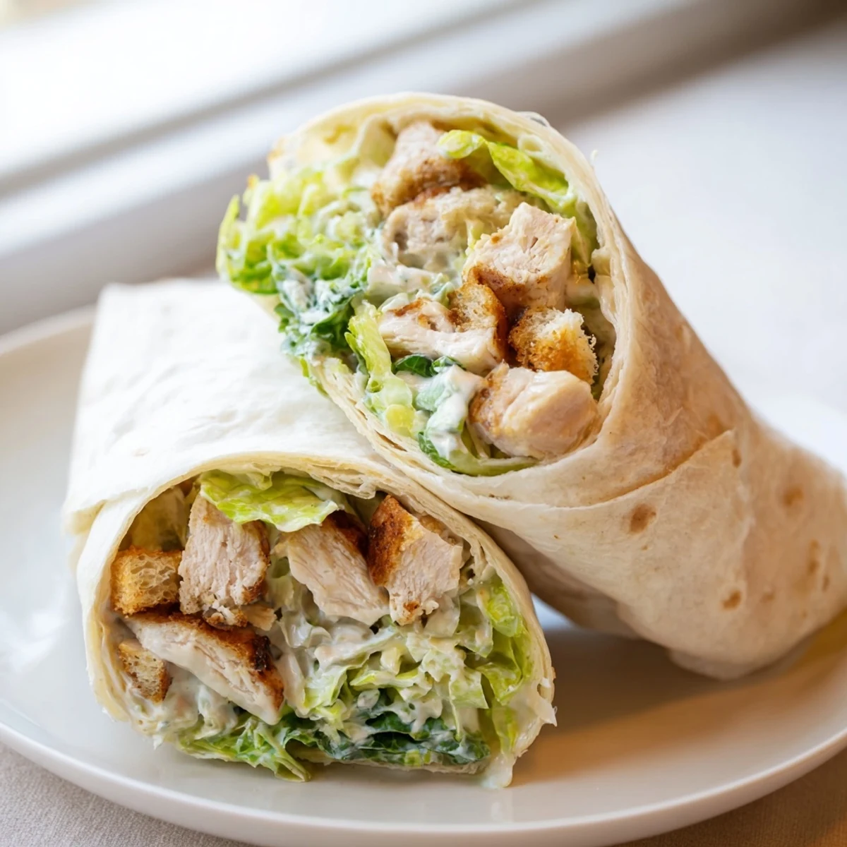 Chicken Caesar Wraps with juicy chicken and fresh romaine lettuce, ready to eat.