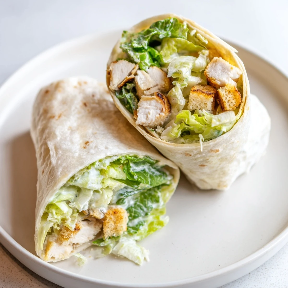 A sliced Chicken Caesar Wrap shows layers of chicken, lettuce, and creamy dressing, perfect meal.
