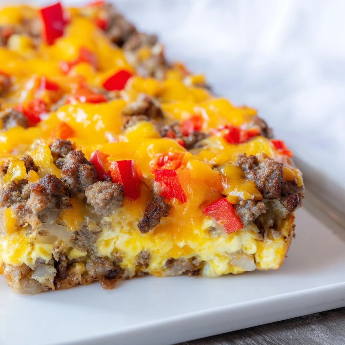 Freshly baked Lightning-Fast Breakfast Sausage Casserole, showcasing browned sausage and colorful peppers, perfect for serving.