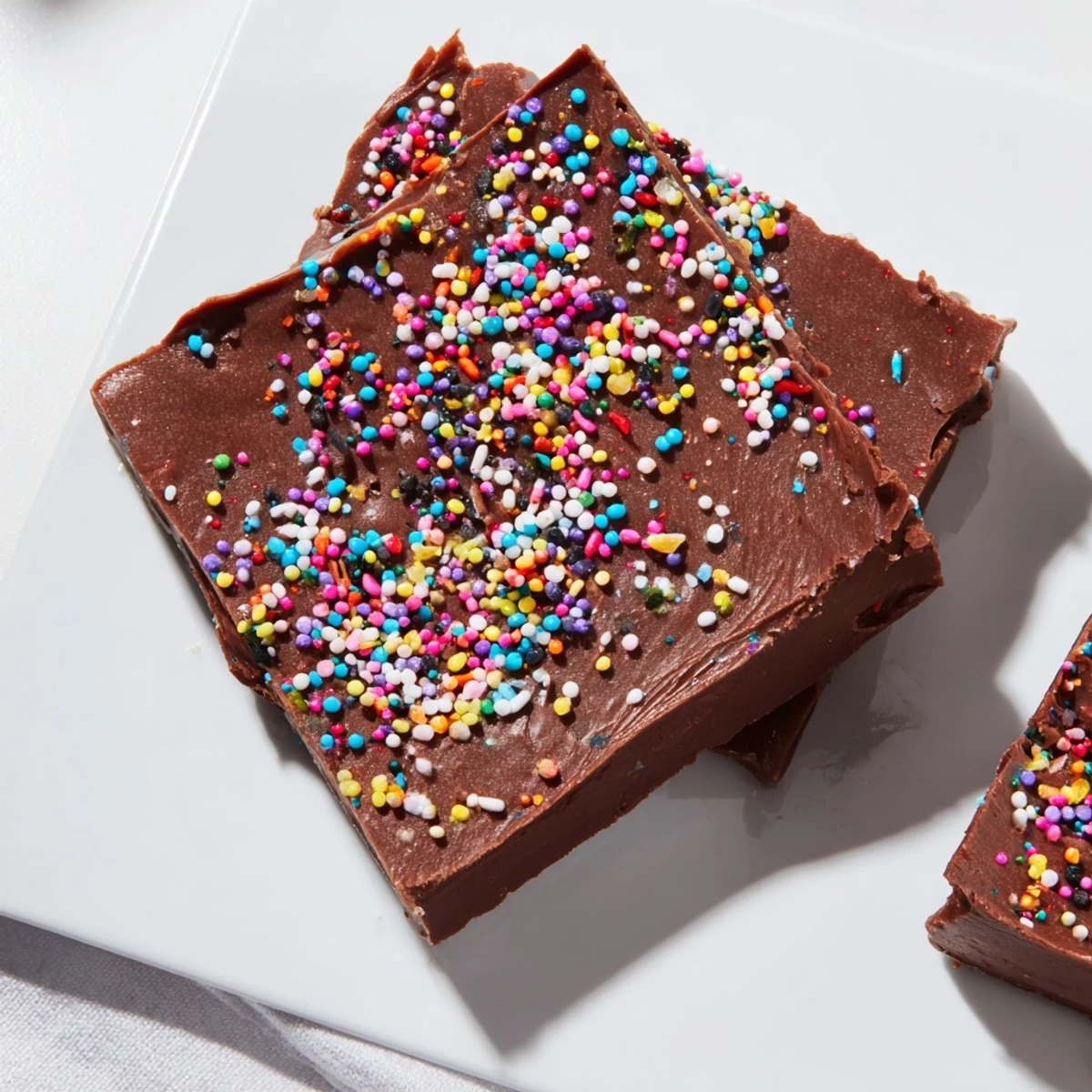 Easy homemade 3-Ingredient Christmas Fudge Squares, a rich chocolate treat, are beautifully arranged on parchment.