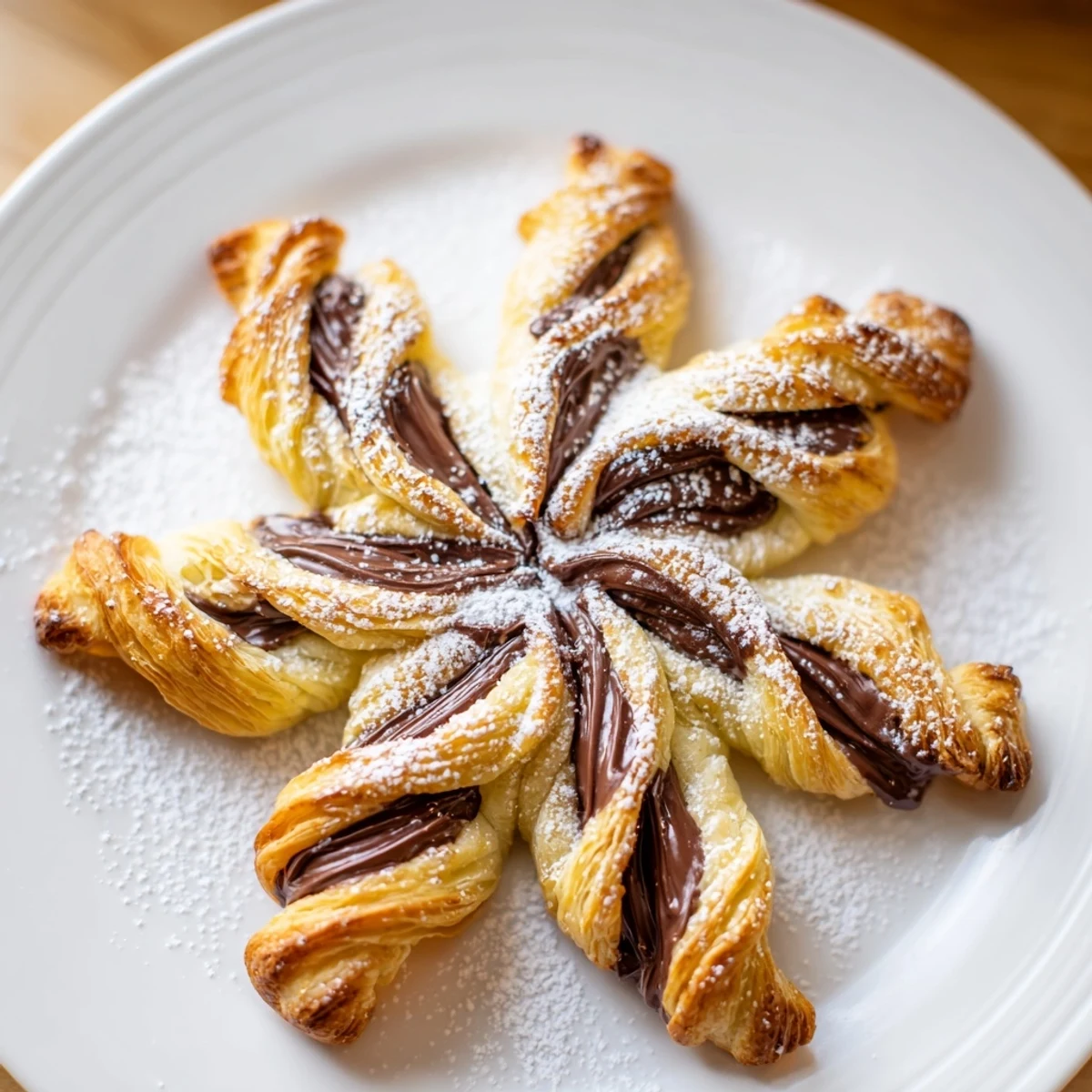 Golden, flaky Express Nutella Puff Pastry Snowflakes, dusted with powdered sugar, ready to be enjoyed!