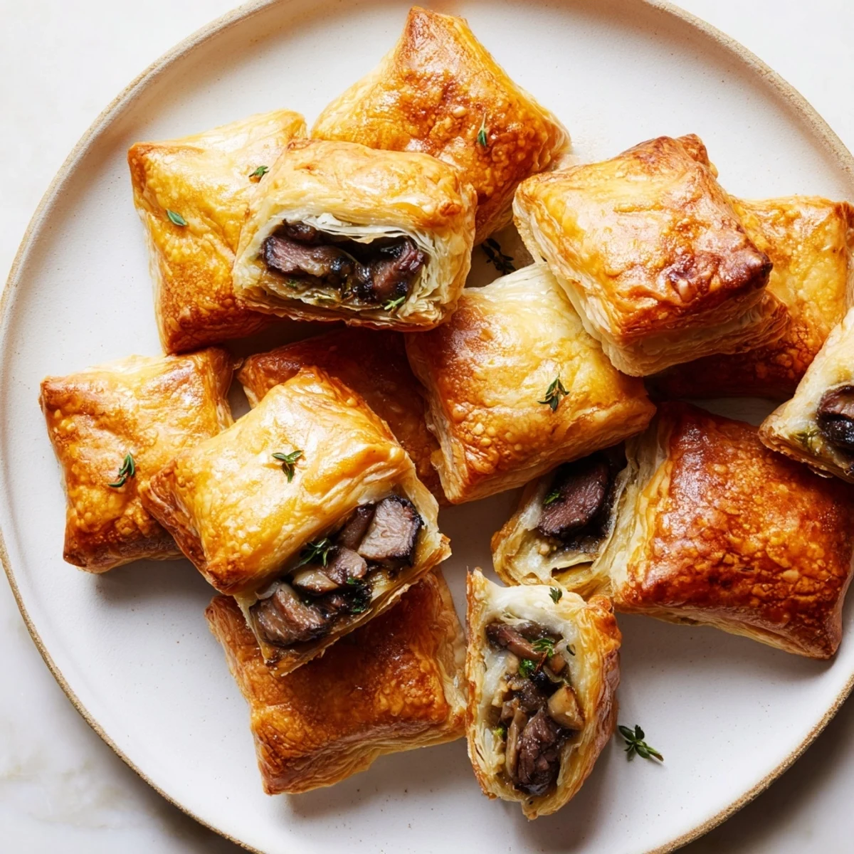 Golden-brown Christmas Beef Wellington Bites, ready to serve, offer savory beef and crispy pastry textures.