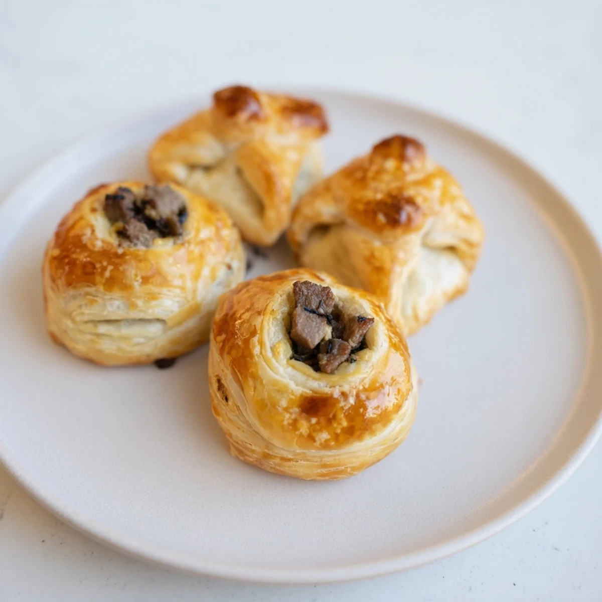 A warm plate of perfectly baked Christmas Beef Wellington Bites, with a rich mushroom filling inside.