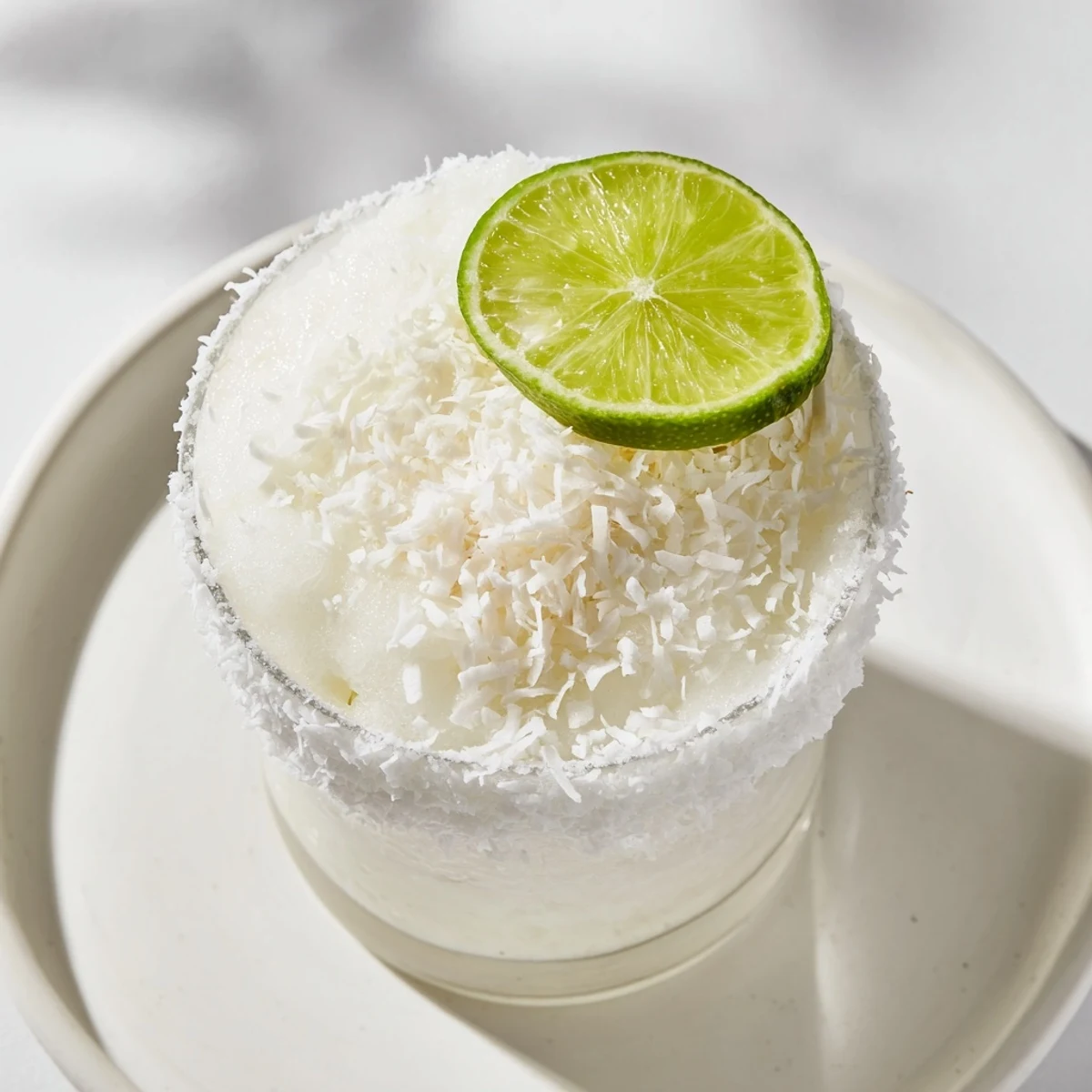 A blended White Christmas Margarita with tropical coconut flavors, perfect for a festive party.