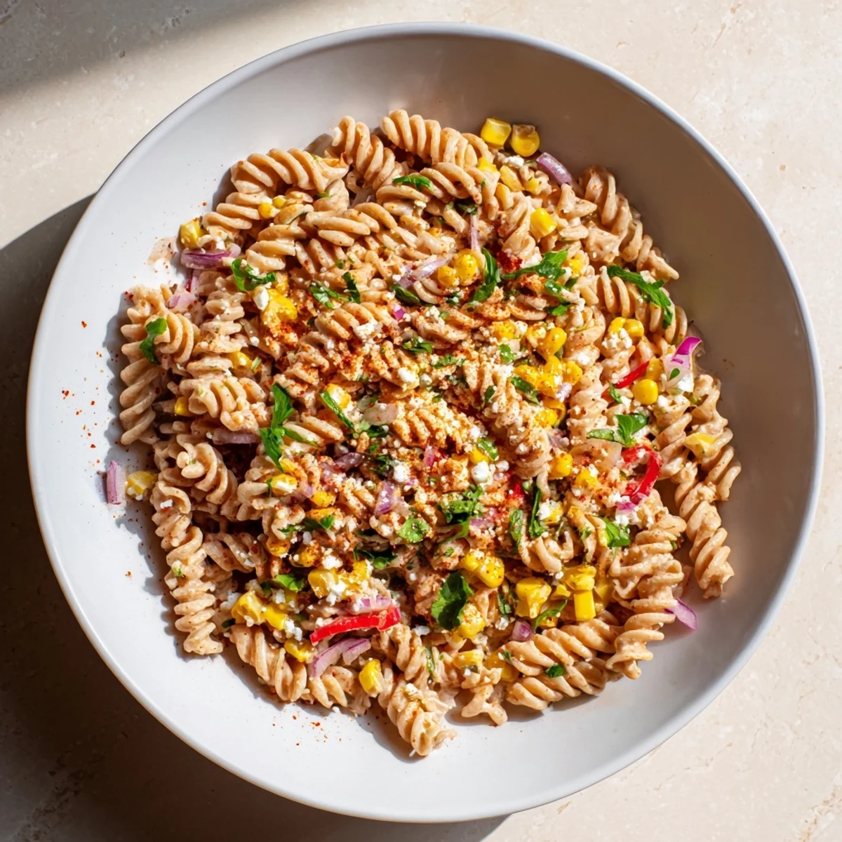Vibrant Healthier Mexican Street Corn Pasta Salad: a refreshing, light, and flavorful pasta dish.