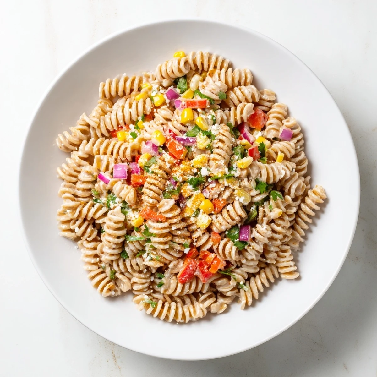 Delectable Mexican Street Corn Pasta Salad with charred corn, creamy dressing, and crumbled cheese.