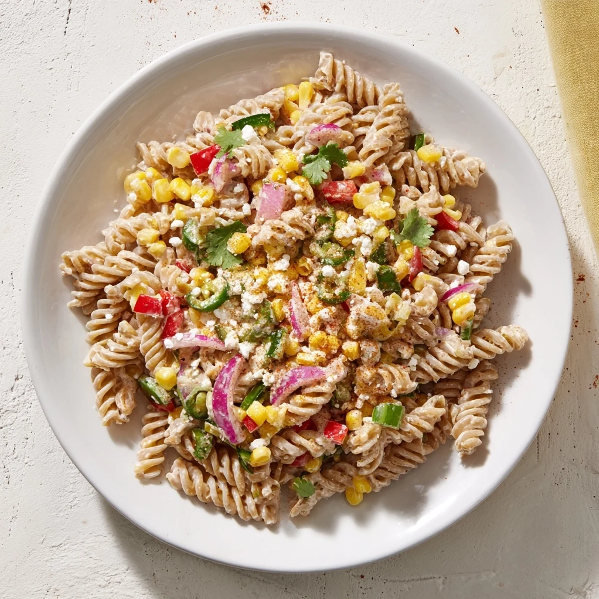 This colorful Mexican Street Corn Pasta Salad showcases whole-wheat pasta and roasted corn, ready to enjoy.