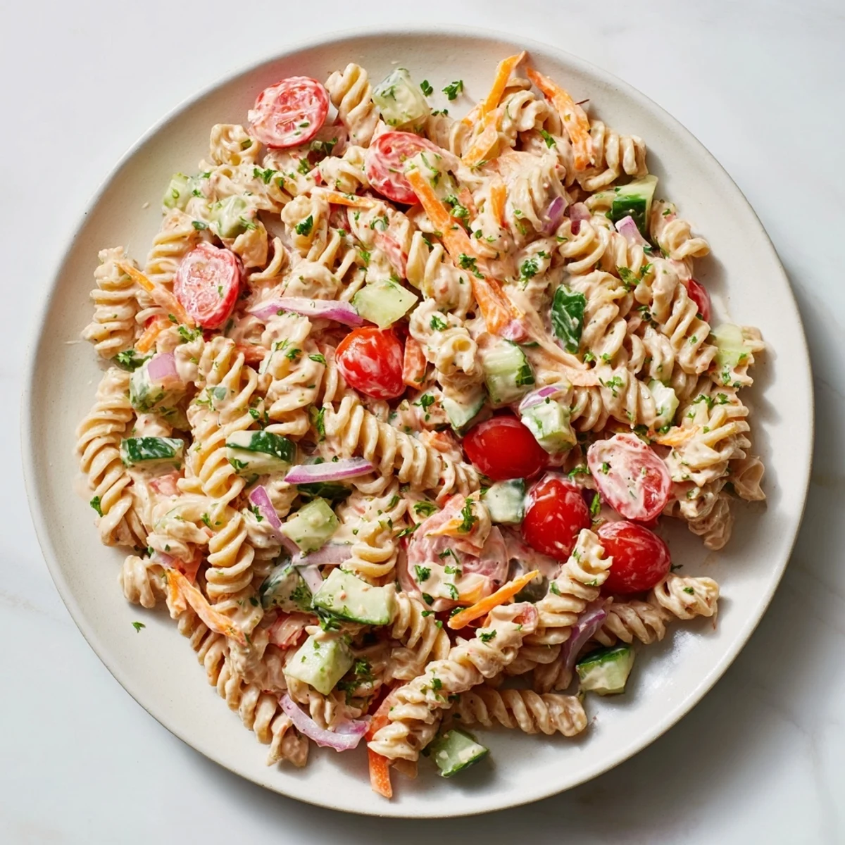 Vibrant Vegan Hemp Seed Ranch Pasta Salad, loaded with fresh veggies and creamy dressing, perfect picnic food.