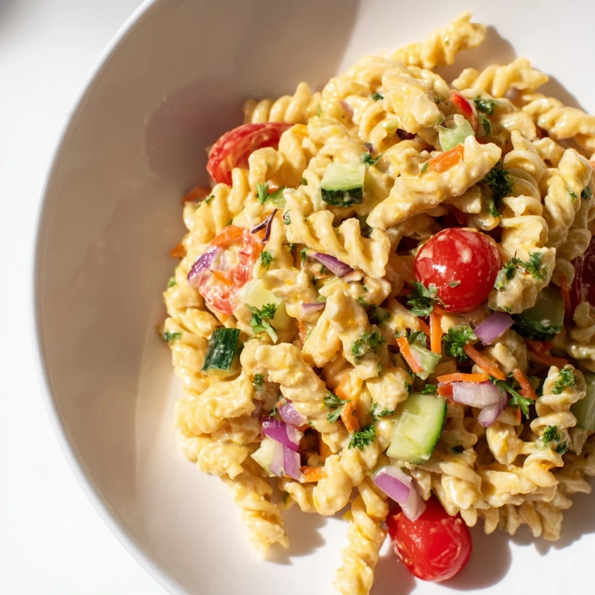 Cool and refreshing plate of Vegan Hemp Seed Ranch Pasta Salad, with visible pasta and colorful bell peppers.