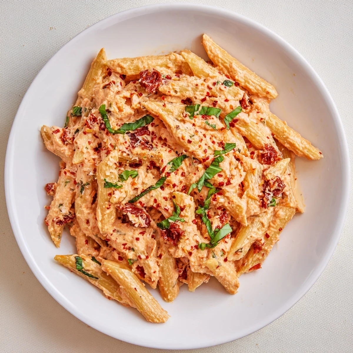 Close-up view of creamy Sun-Dried Tomato & Cottage Cheese Pasta Sauce, ready to be tossed with pasta.
