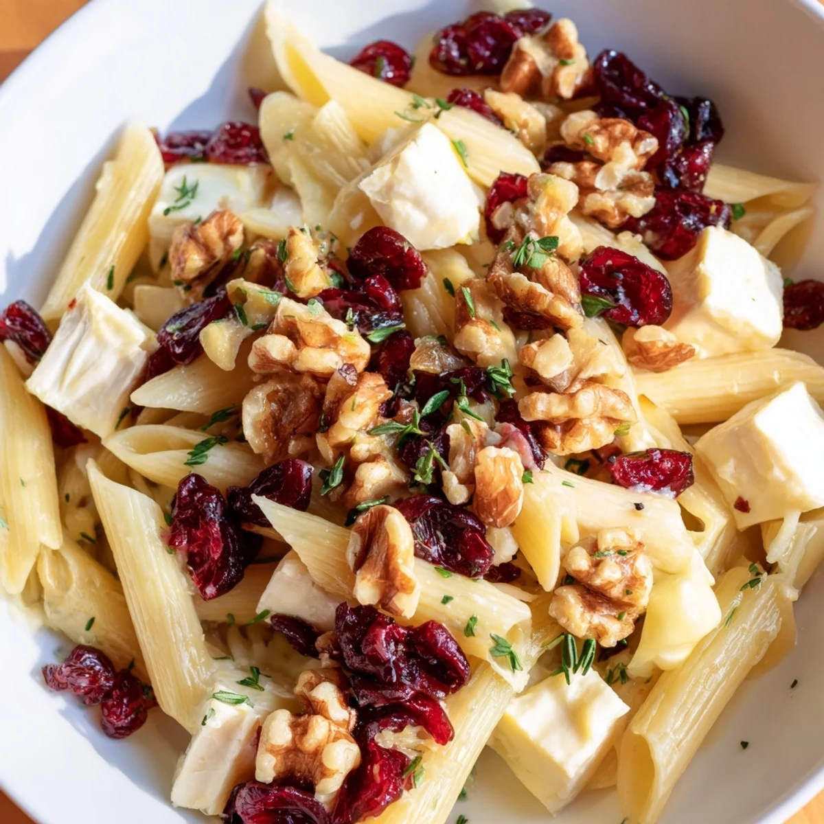 Creamy Baked Brie & Cranberry Pasta, a flavorful dish with melted cheese and juicy cranberries.