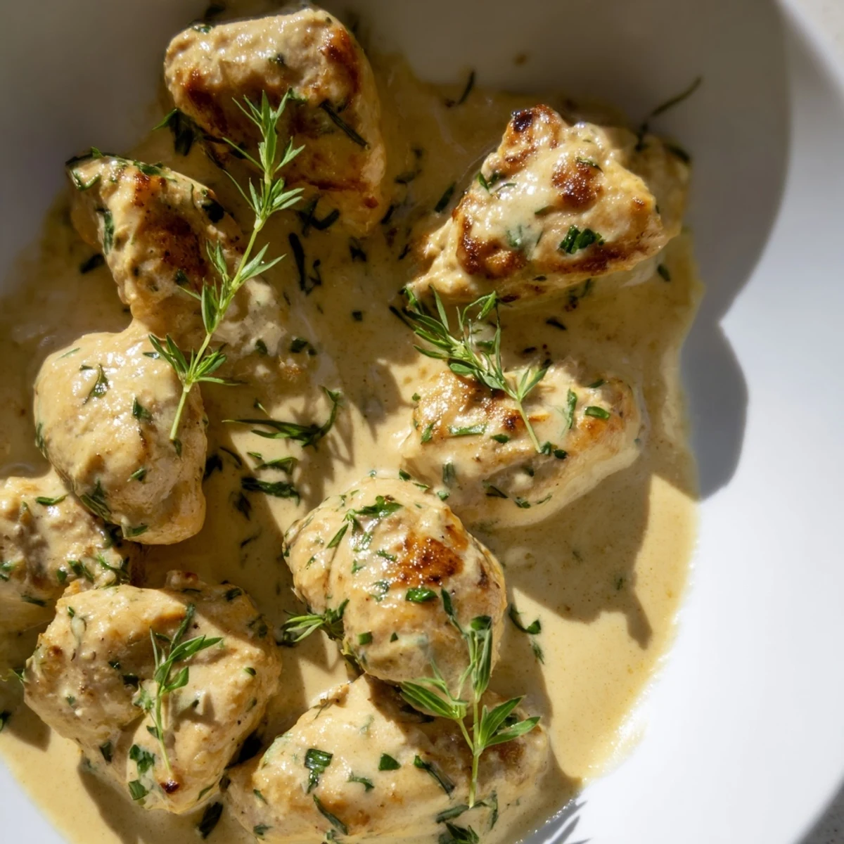 Golden-brown Lighter Creamy Tarragon Chicken, tenderly coated in a vibrant, fragrant sauce, is ready to serve.