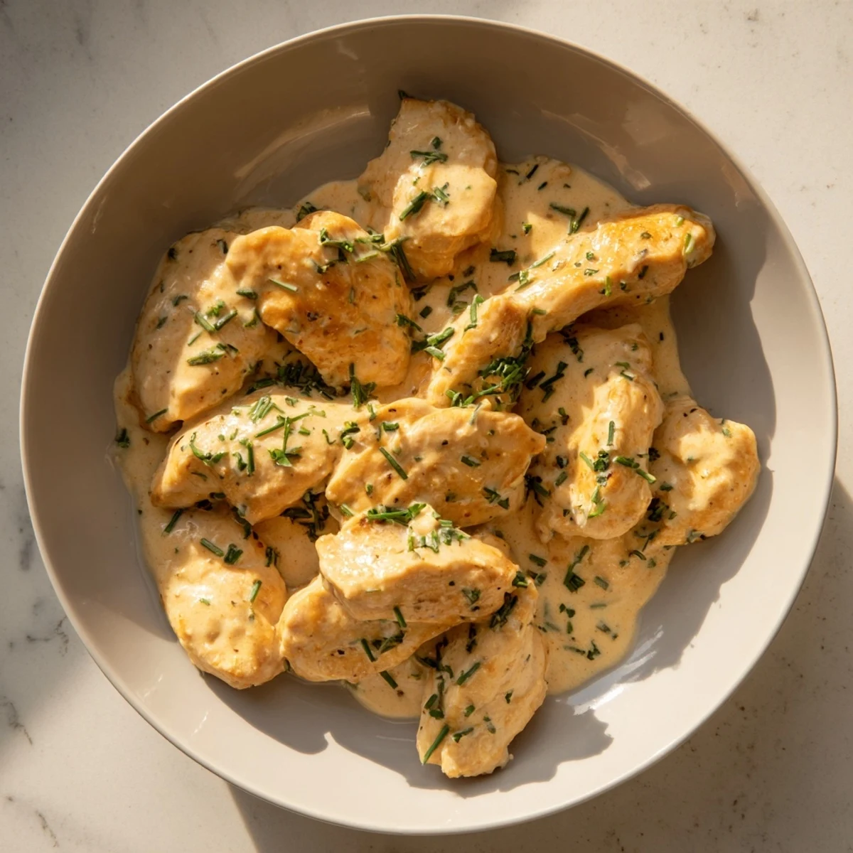 A close-up view of a flavorful Lighter Creamy Tarragon Chicken dish, garnished with fresh herbs, is irresistible.