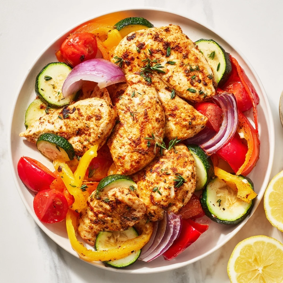 Healthy Sheet Pan Lemon Oregano Chicken Cutlets: Juicy chicken and colorful vegetables, a tasty Mediterranean meal.