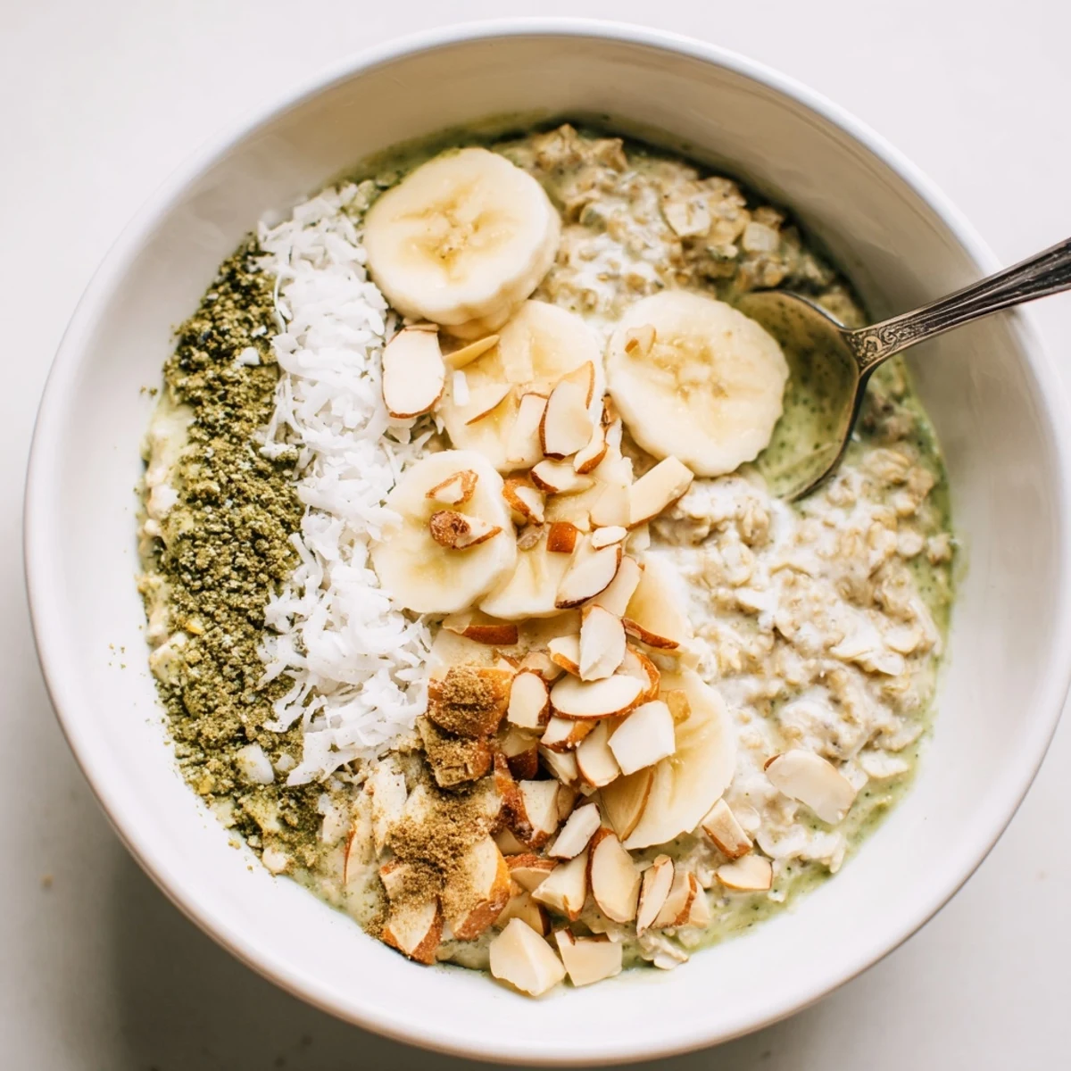 Creamy High-Protein Eggnog Matcha Overnight Oats are layered with fruit and toasted coconut.