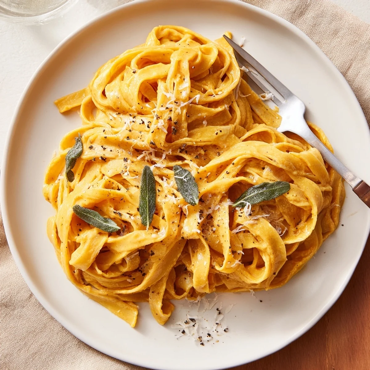 Healthy Creamy Pumpkin Sage Pasta, a vibrant orange dish with glistening sauce and fresh herbs.