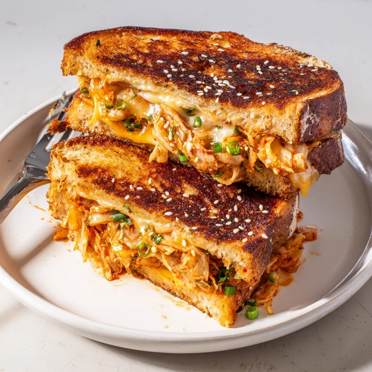 Skillet Kimchi & Cheddar Fusion Grilled Cheese reveals melted cheddar and kimchi filling between toasted sourdough bread.