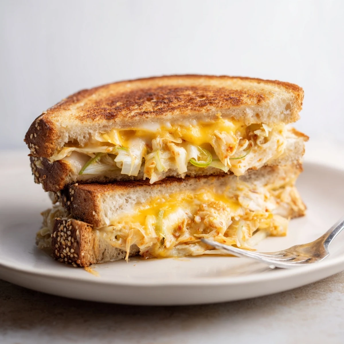 This golden-brown Skillet Kimchi & Cheddar Fusion Grilled Cheese features a beautiful blend of savory flavors.