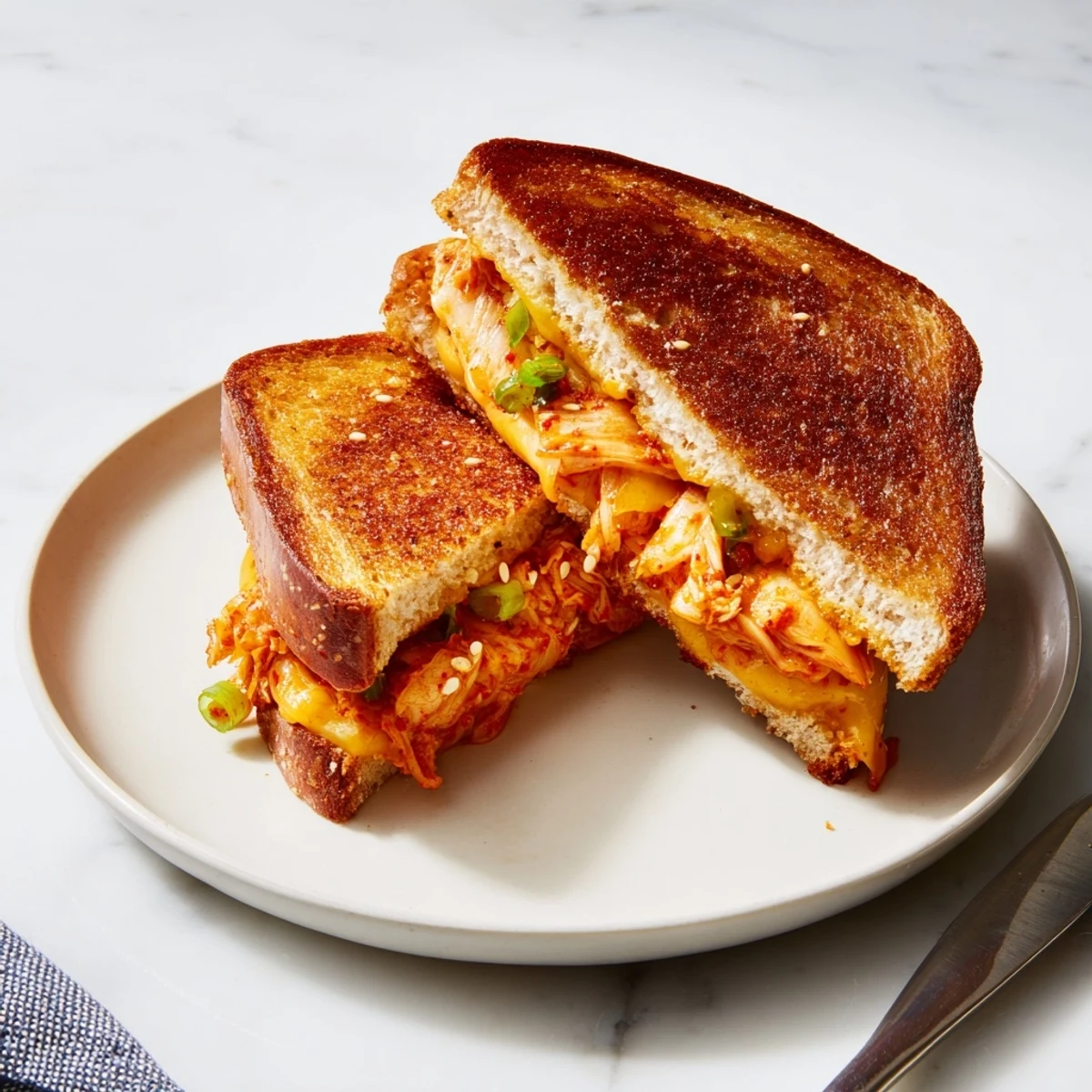 A warm, melty Skillet Kimchi & Cheddar Fusion Grilled Cheese sandwich, served with a hint of sesame seeds.