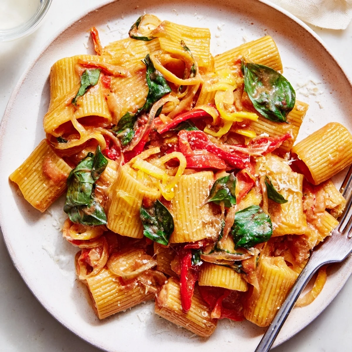 Lightened-Up Vodka Rosé Christmas Pasta, vibrant red and green, ready to serve with Parmesan.
