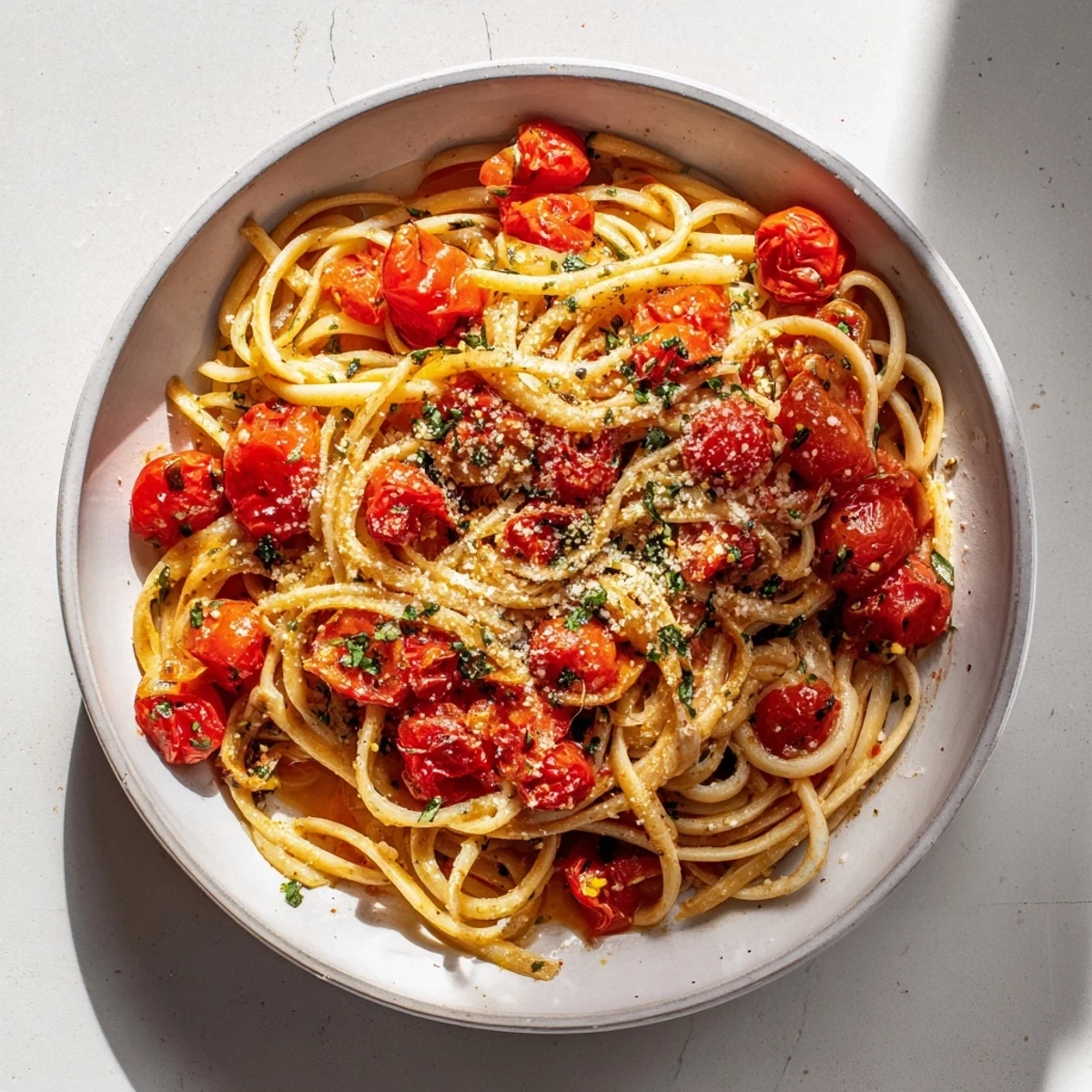 One-pan goodness: Bright red tomatoes and herbs in this Cozy Fireplace Pasta recipe.
