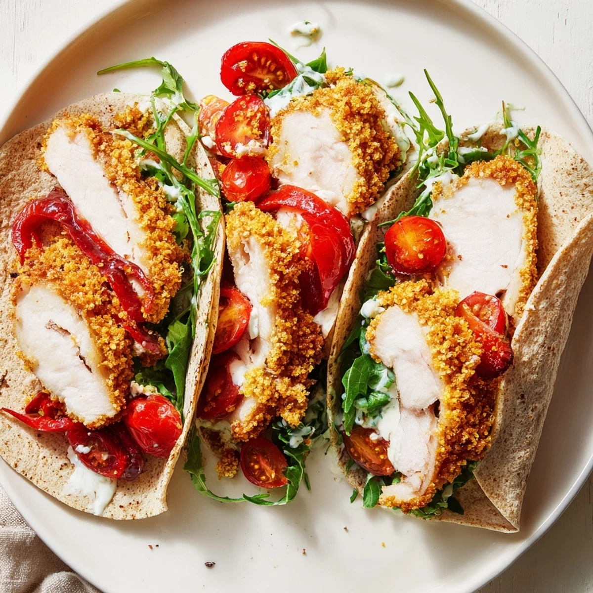 Golden, crispy Santa Hat Chicken Caesar Wraps, bursting with flavorful chicken, ideal for a quick festive lunch.