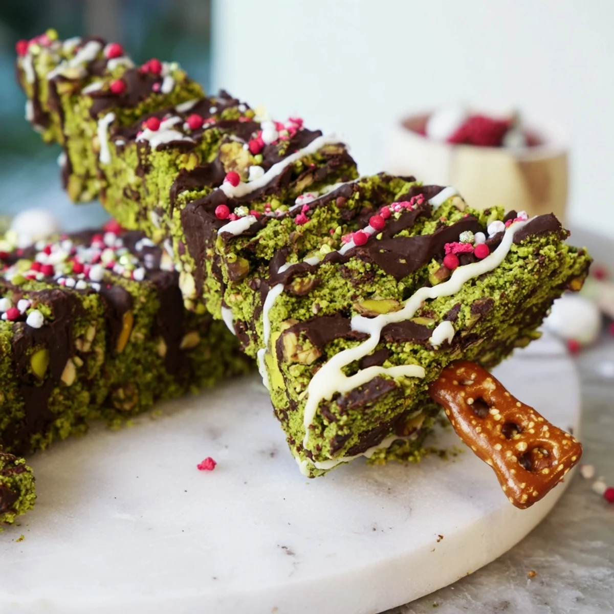 Matcha Pistachio Christmas Tree Blondie Bars, cut into festive tree shapes, drizzled with white chocolate and sprinkles.