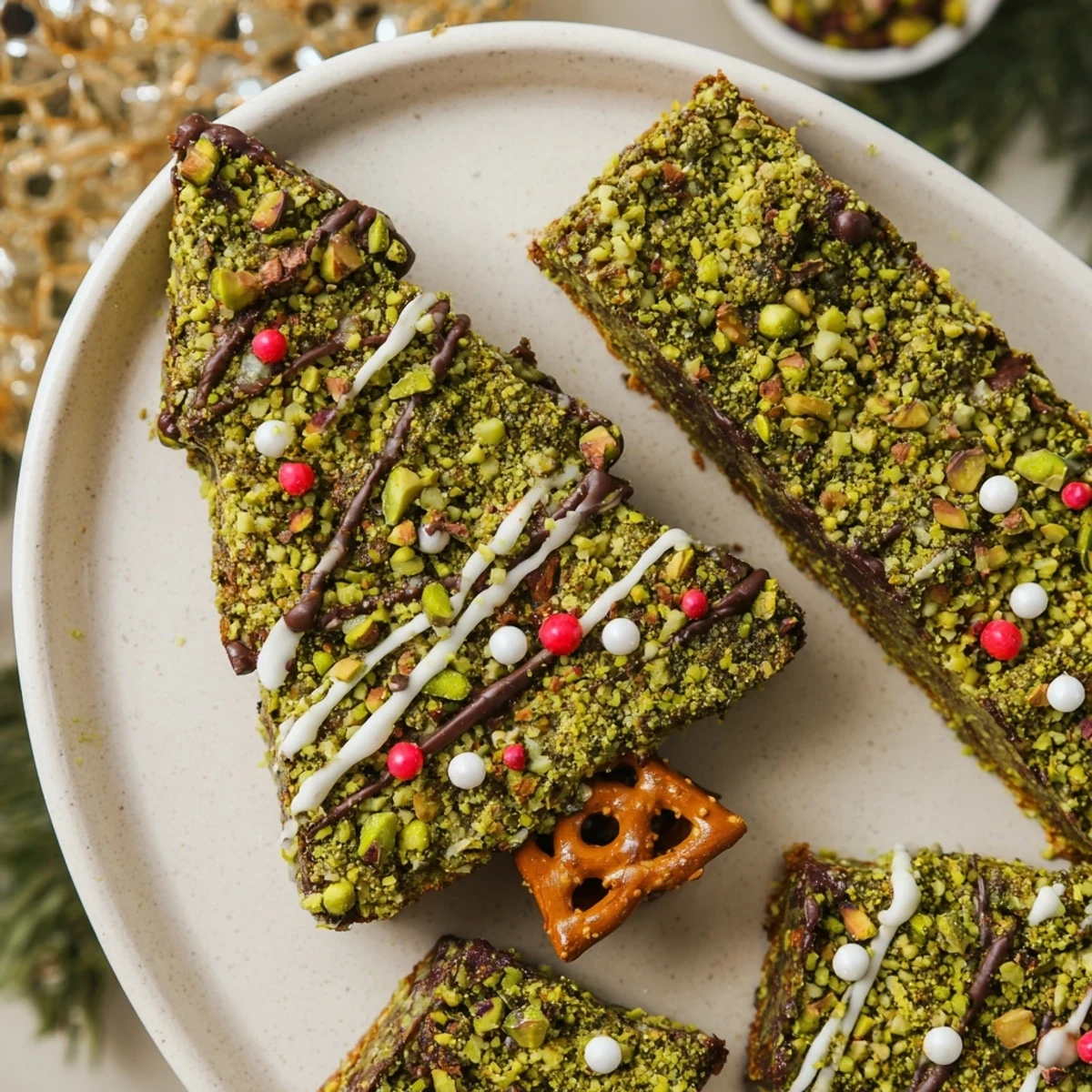 Close up shot of golden-brown Matcha Pistachio Christmas Tree Blondie Bars, ready to enjoy with a hint of green tea.