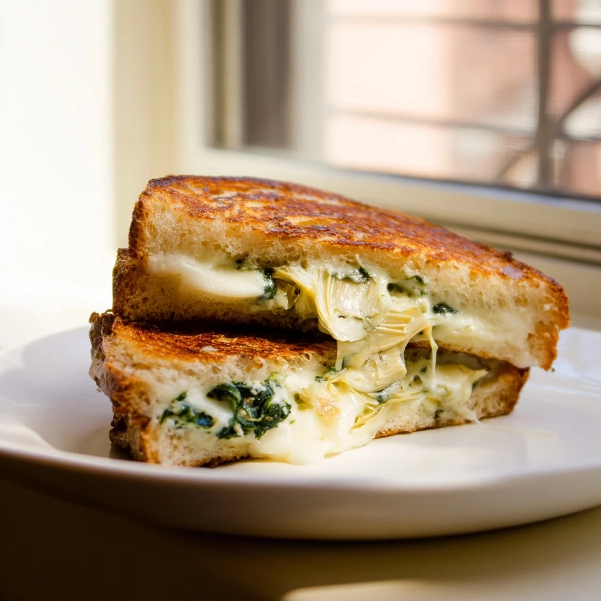 Close-up of bubbling Air Fryer Spinach & Artichoke Dip Grilled Cheese, oozing cheesy goodness, ready to eat.