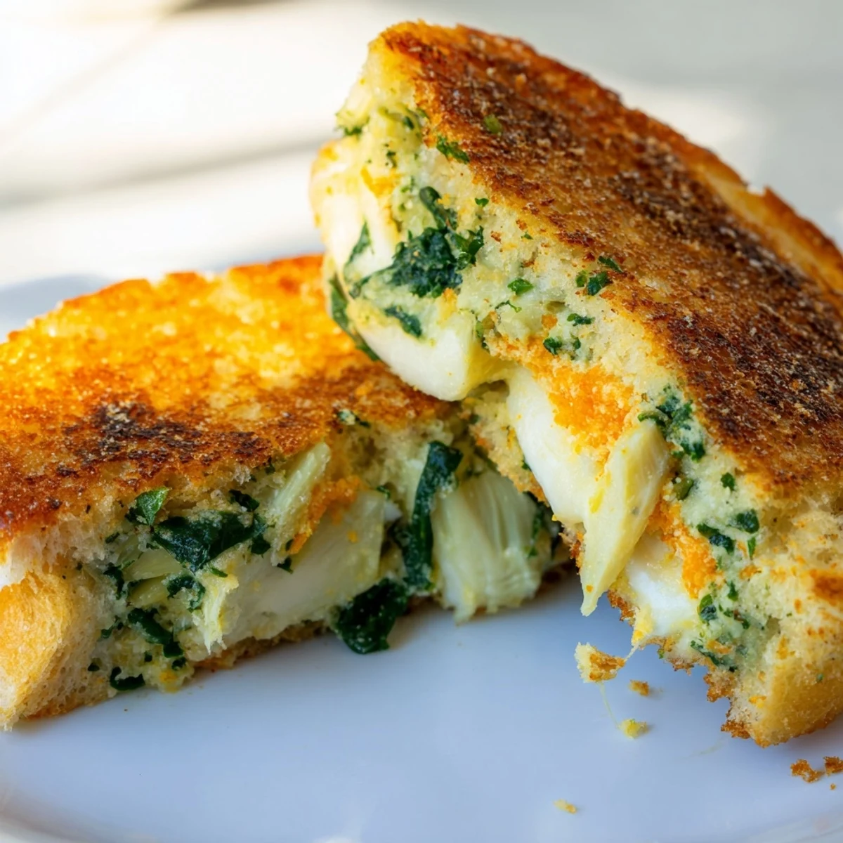 Delicious and crispy Air Fryer Spinach & Artichoke Dip Grilled Cheese served with a side of fresh tomato soup.