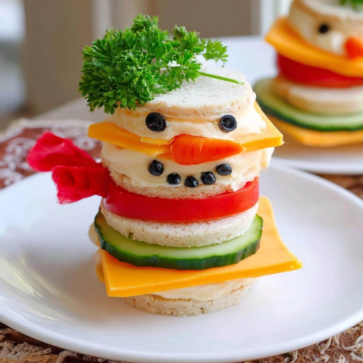 A colorful Snowman Sandwich Stack, featuring black olive eyes and carrot noses.