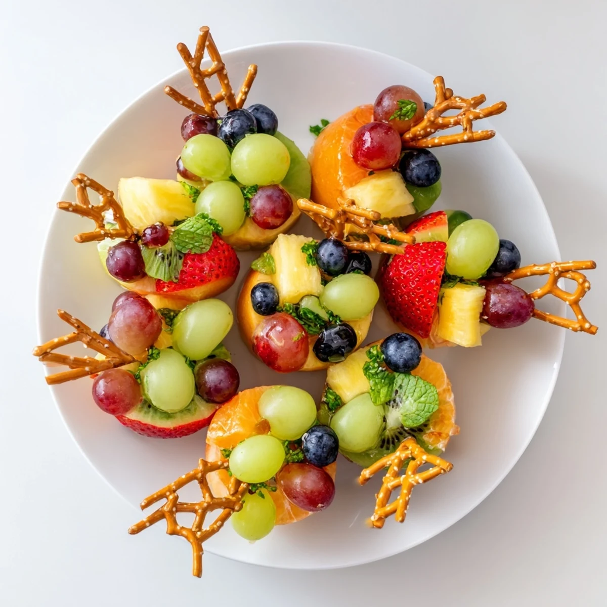 Vibrant Ornament Fruit Medley, sweet fruits arranged as holiday decorations with fresh mint garnish.