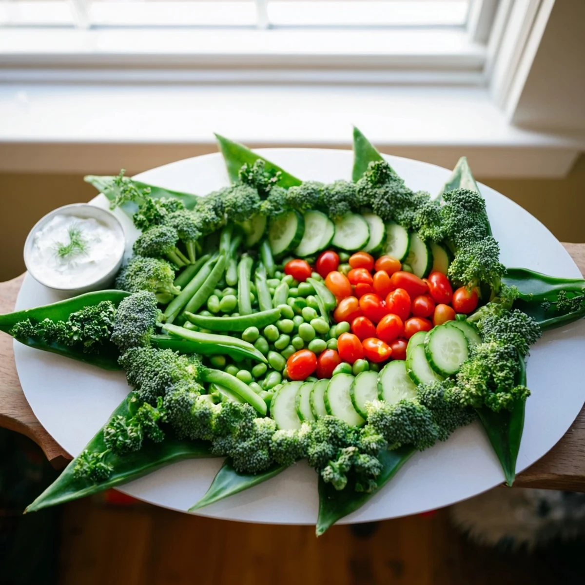Holly Leaf Veggie Board with bright green broccoli, cucumbers, and red pepper holly berries, ready for dipping.