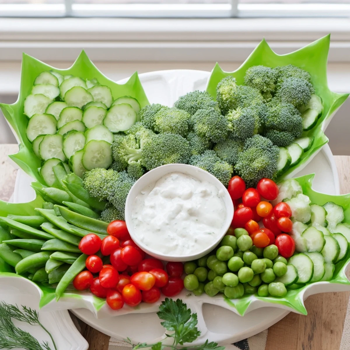 A colorful Holly Leaf Veggie Board with fresh, crisp vegetables paired with a creamy dill dip.