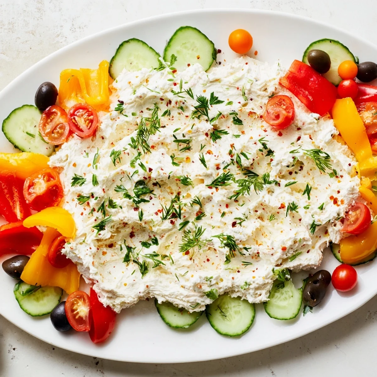 Brightly colored Christmas Lights Appetizer Spread displays colorful pepper "bulbs" and savory cheese.
