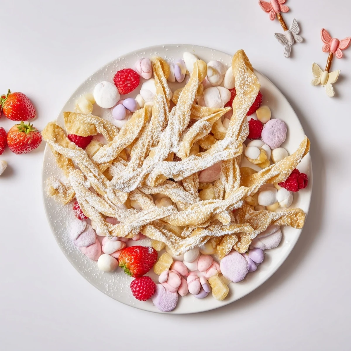 Golden-fried Polish angel wings candy board, surrounded by fresh fruit and colorful sweets, a festive treat.