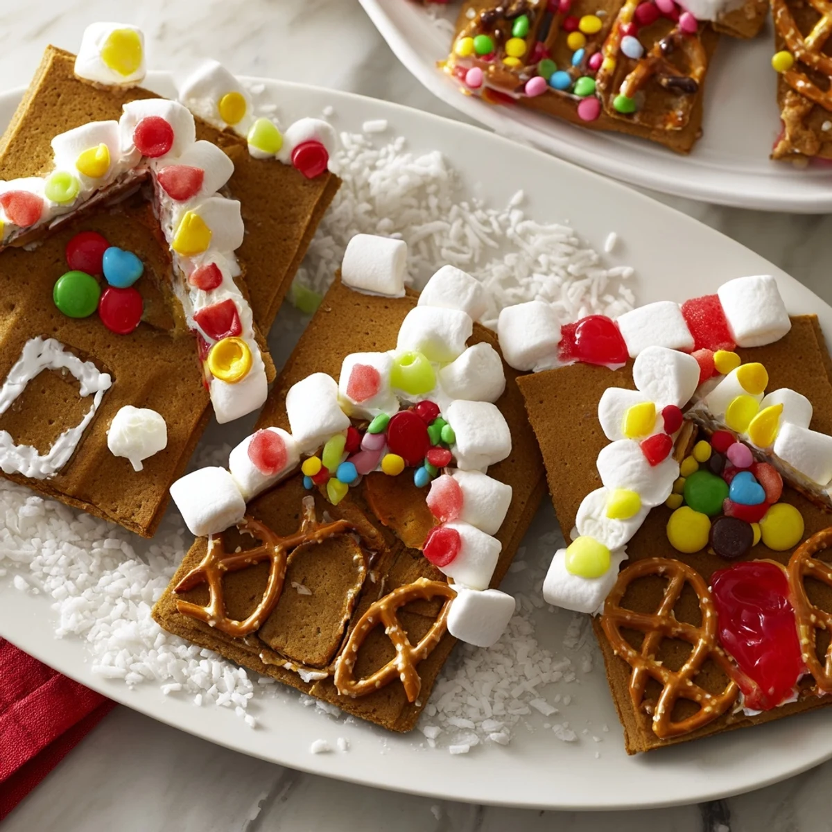 This image shows guests arranging their own edible gingerbread houses on a festive Gingerbread House Board.