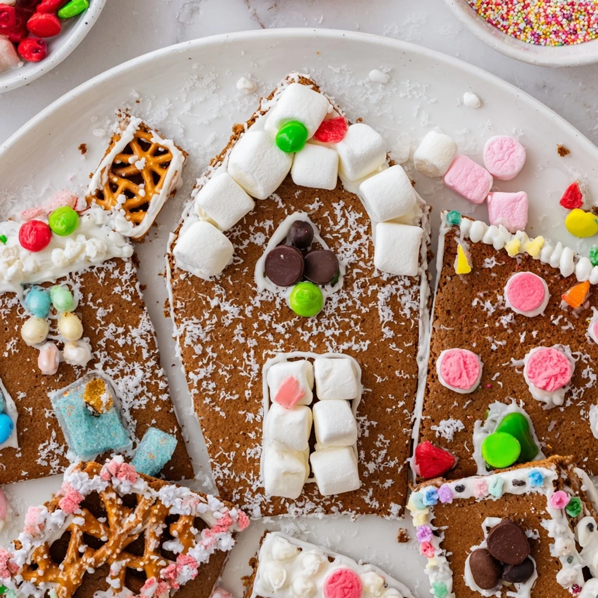 Imagine a vibrant Gingerbread House Board with snow-like coconut and festive candy ready to enjoy.