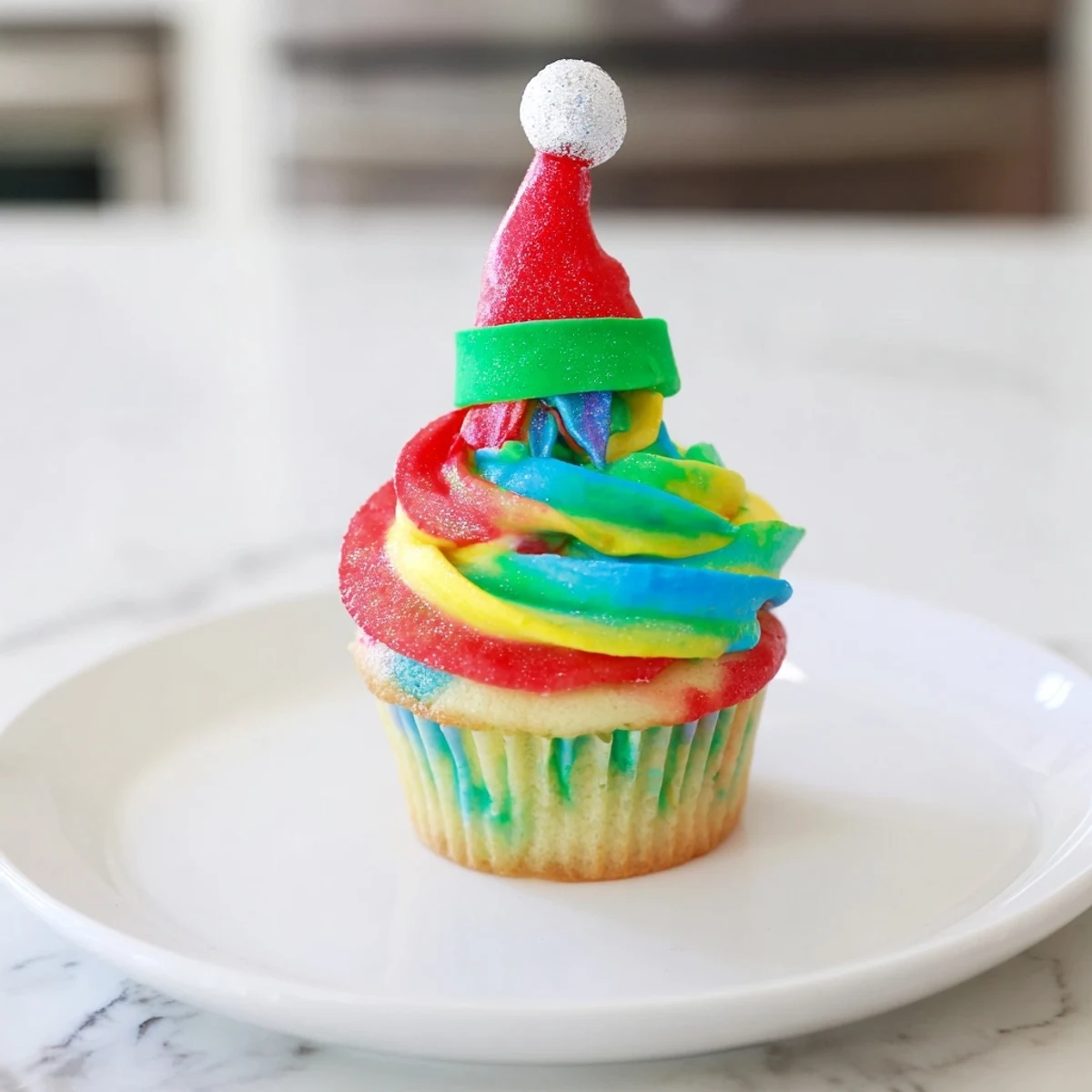 Imagine the festive Elf Hat Cupcake Tower: tiered cupcakes with vibrant, detailed edible hat decorations.